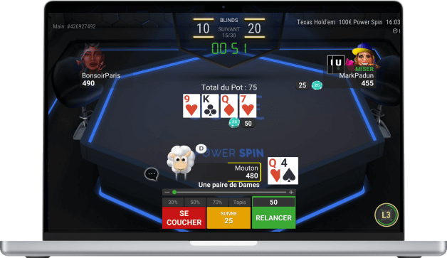 Table de poker sur écran d'ordinateur